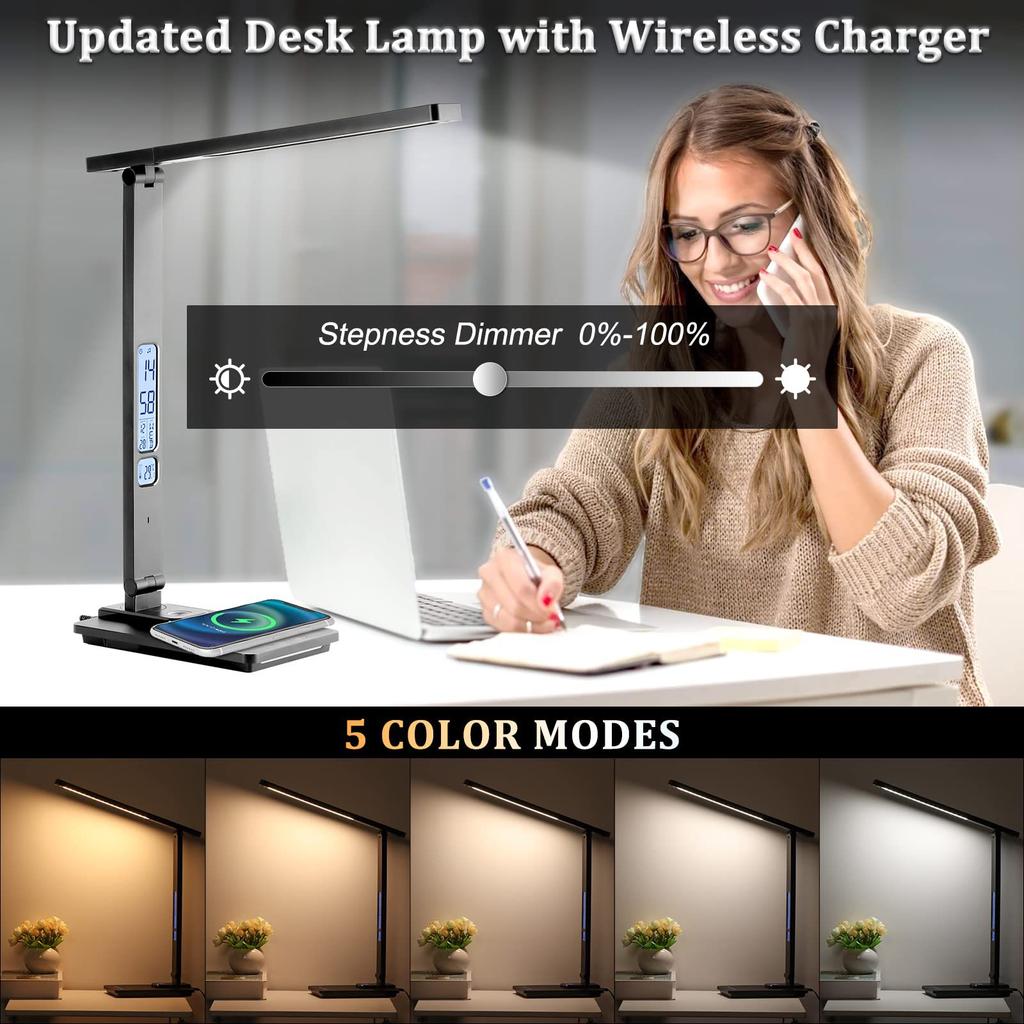 10W Mobile Phone Wireless Charging Desk Lamp Dimmable with Display Perpetual Calendar Alarm Clock Night Light Eye Protection