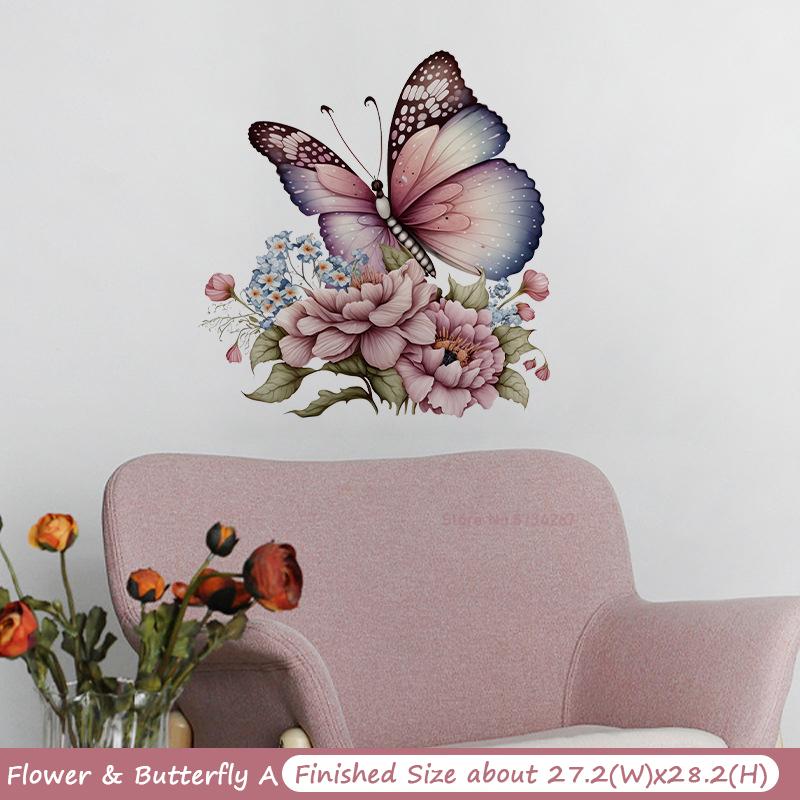 Pegatinas de Pared de Flores Mariposa Decoración de Puerta de Baño de Inodoro Mural Decoración del Hogar Papel Pintado Autoadhesivo