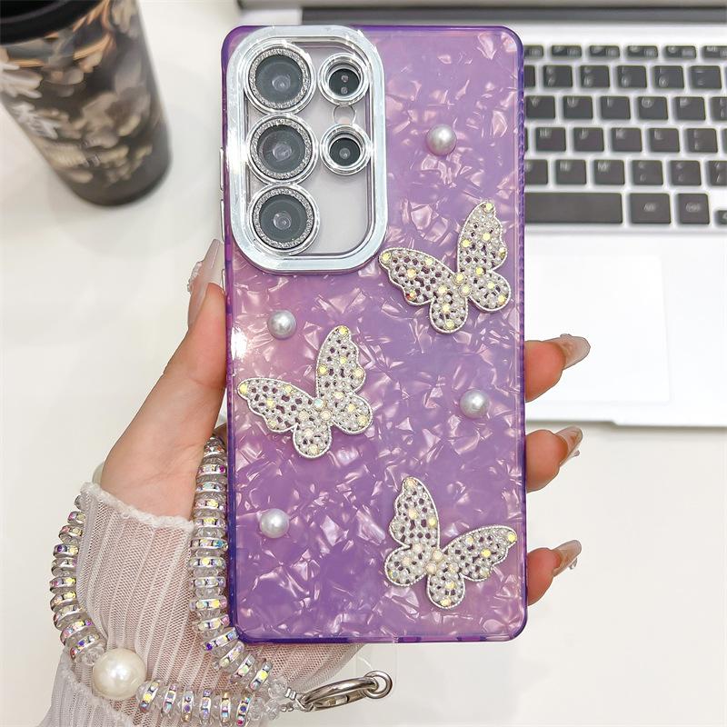 Fluture Tridimensional Perlă Galvanizare Imd Potrivit pentru Samsung S25 UltraA56 Husă Telefon Mobil cu Brățară Folie Obiectiv S24