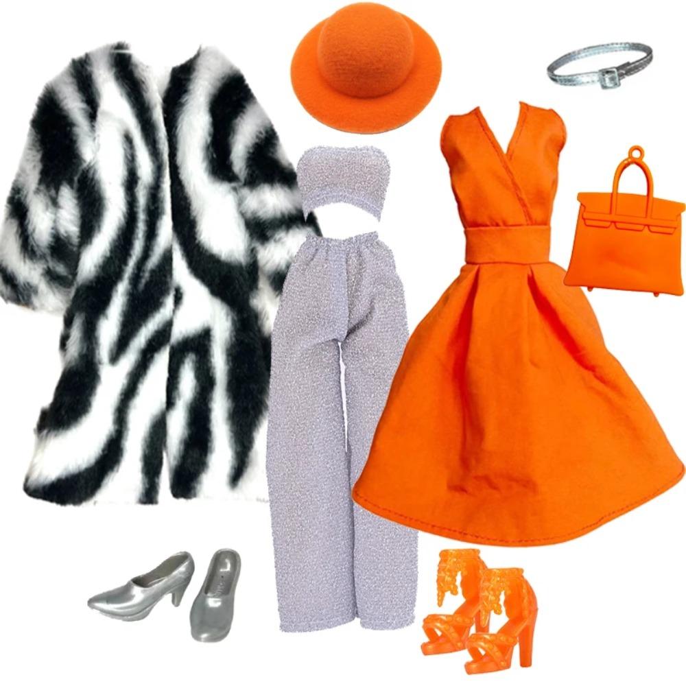 Elegantes Puppenoutfit für 1/6 Puppe Modepuppe Rosa Hahnentritt-Kleid Hut Goldener Gürtel Handtasche mit Schuhen Set