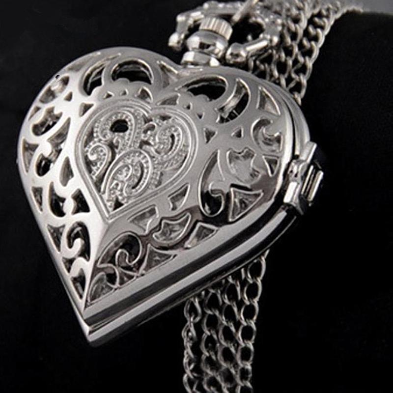 Exquisite Heart Shape Design Pocket Watch Hollow Necklace Chain Pendant Quartz Clock Elegant Leisure Gift Accessories
