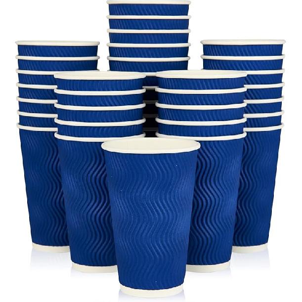 JollyPack 60 Pack 12 oz Paper Coffee Cups, Blue Disposable Beverage Cups with Insulated Ripple Wall for Coffee, Tea, and Hot Chocolate 16oz-60pack
