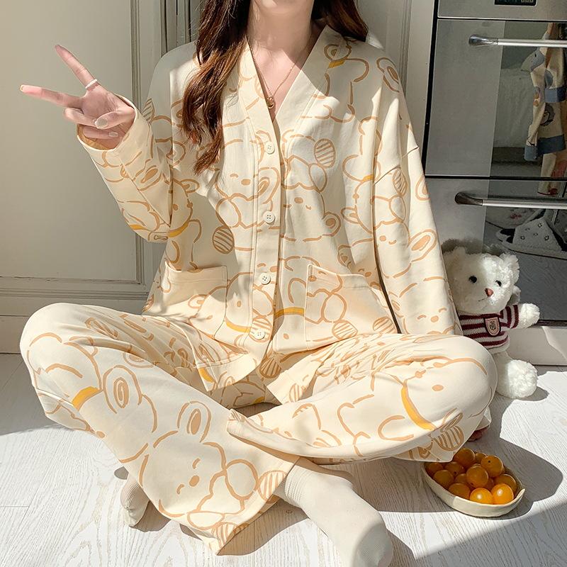 Girls' Cotton Kimono Pajama Set - Long-Sleeve Cardigan & Trousers with Cute Cartoon Design for Spring and Autumn