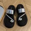 High-end silver rhinestone toe slippers women's summer wear new small height-increasing platform beach shoes