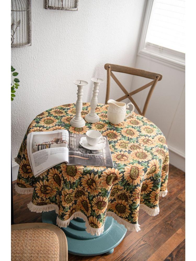 Amerikanische Tischdecke Jacquard Sonnenblume Tischdecke Runde Tischdecke Geeignet für Feiertagsküchen, Wohnzimmer, Familientreffen