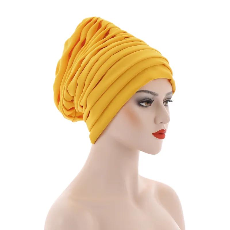 New Candy Color Head Wraps Muslim Hijab Bonnets Fashion Headwear Pleated Turban Cap for Women African Auto Geles Aso Oke Headtie