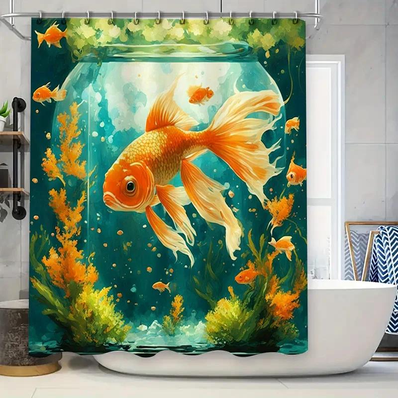 

Fish Tank Print Shower Curtain Orange Fish Bath Rug Decorative Liner With Green Seaweed For Bathroom Blue Waterproof Fabric W60H190(CM)-1 Pcs