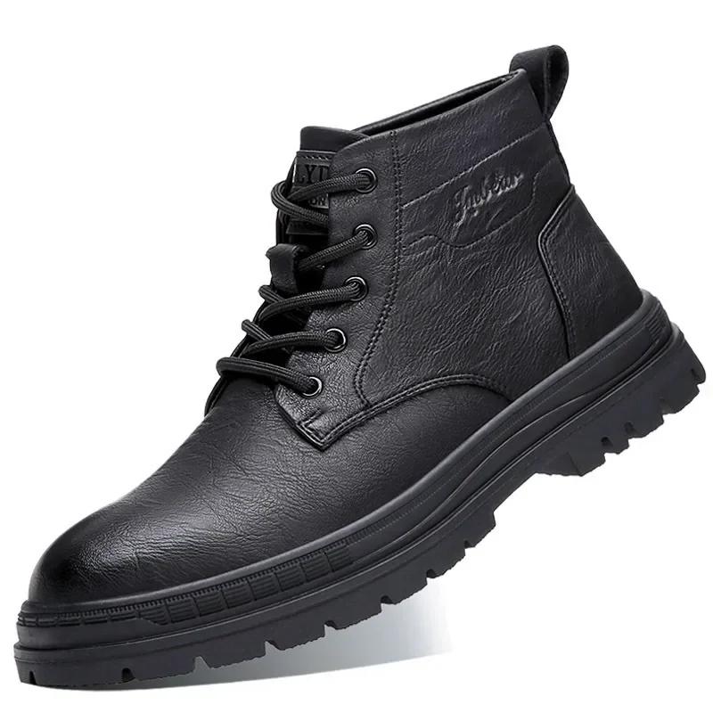 

Модная мужская обувь осень-зима толстая подошва теплые кожаные ботинки с хлопком британский стиль мужские модные короткие рабочие ботинки 2024 43 чёрный