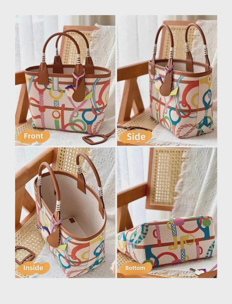 2025 Handmade Genuine Leather & Canvas Tote - Colorful Women's Garden Shopping Bag