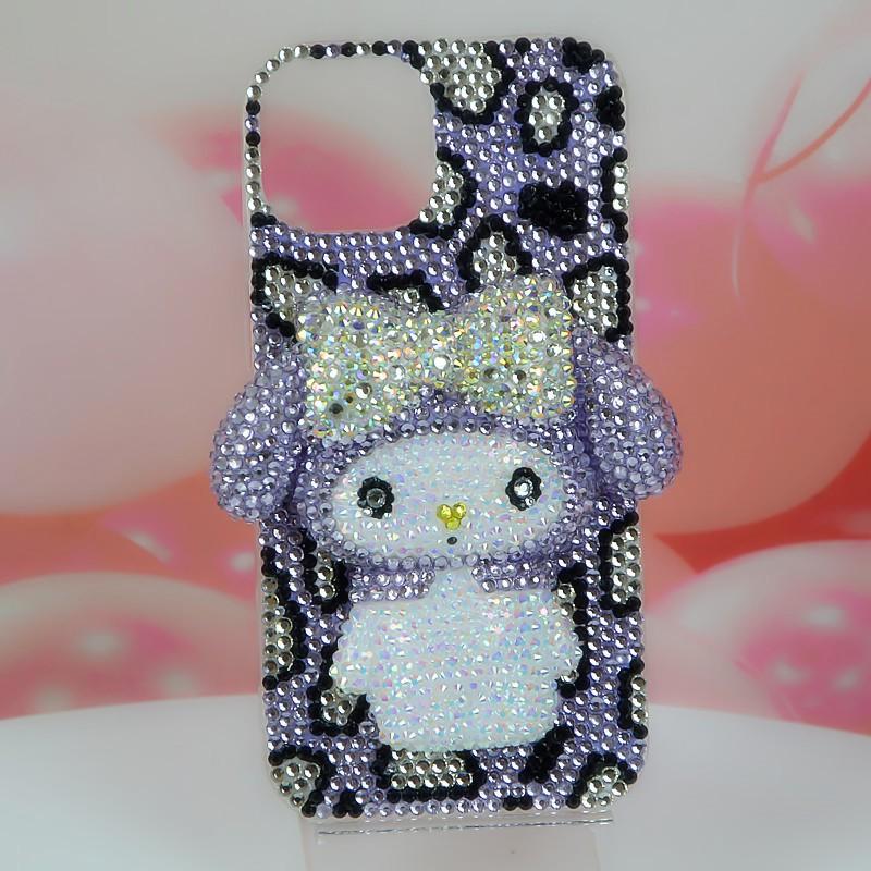 Cartoon Melody Phone Case IPhone 11 12 13 14 Pro XS Max 8 Plus Purple Leopard Print TPU Full Cover With Rhinestones Handmade