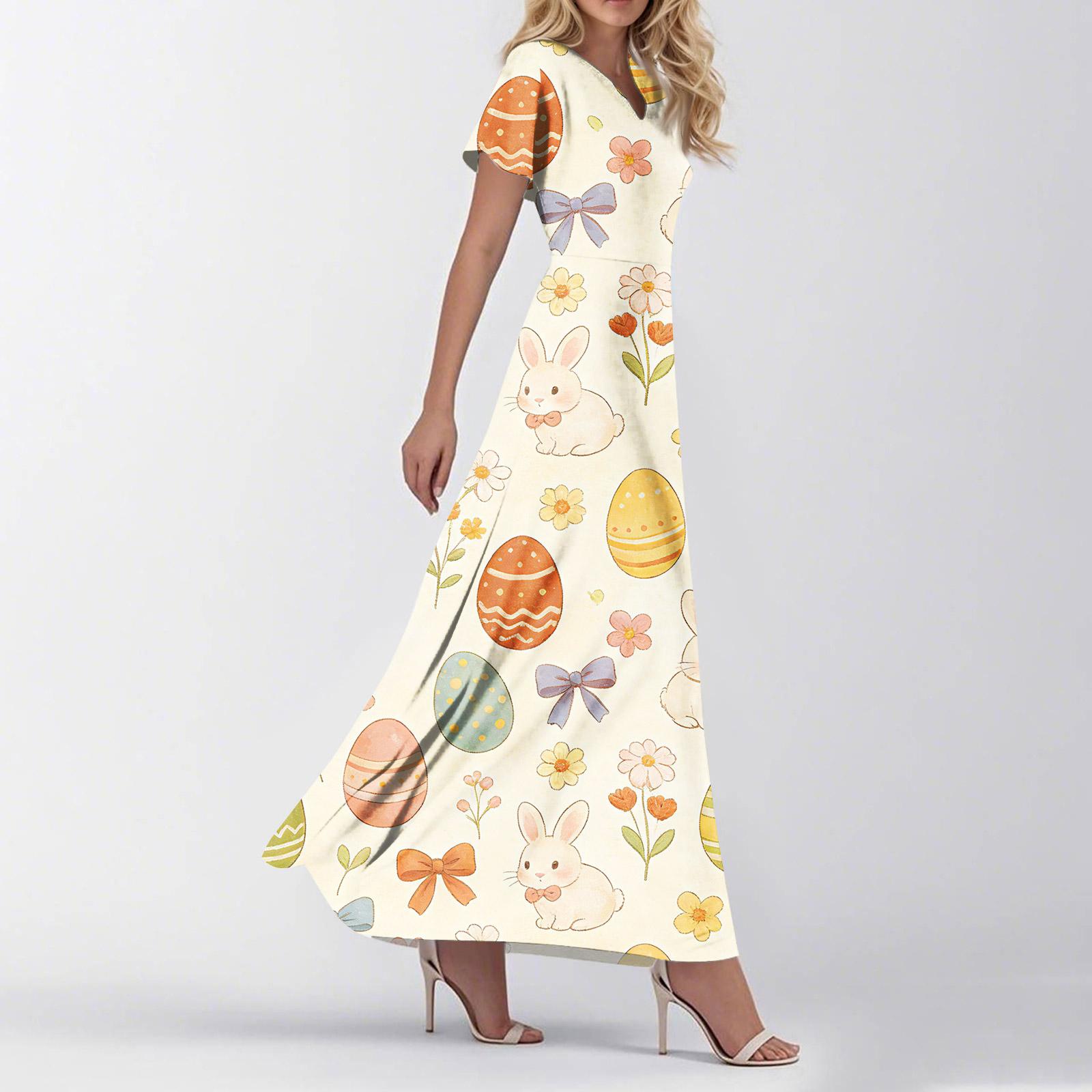 

Женское Свободное Повседневное Платье с V-образным вырезом, коротким рукавом, завышенной талией и цветочным принтом L бежевый