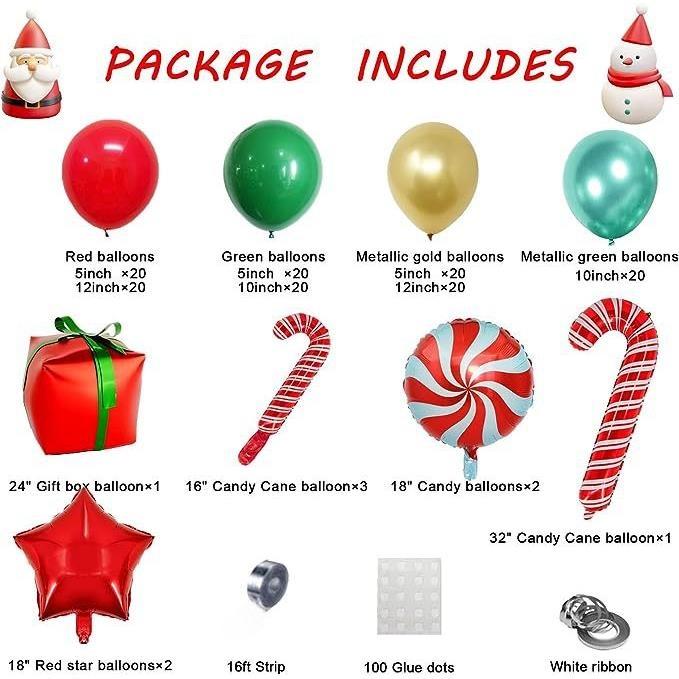 Christmas Red And Green Balloon Arch Doorbell Set Gift Box Cane Five Pointed Star Balloon Christmas Party Decorations