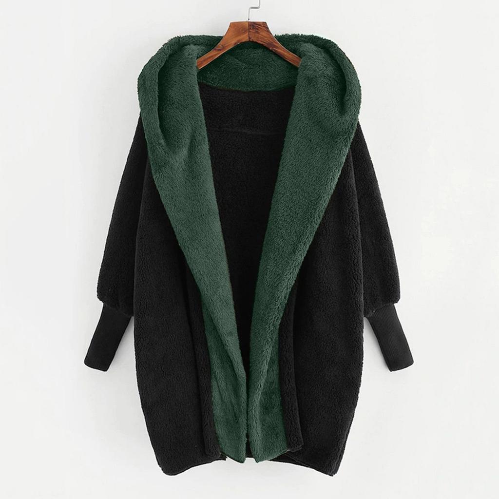 Damenmode, Farbblockierung, lockere Fleece-Strickjacke mit Kapuze