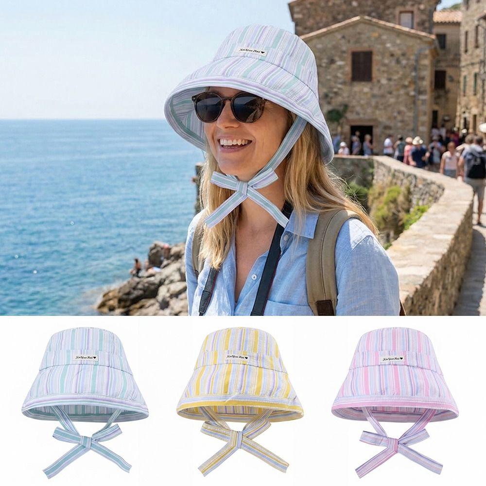 Large Brim Fisherman Hat Colorful Striped Summer Cap Korean Fashion Sun Hat  Women
