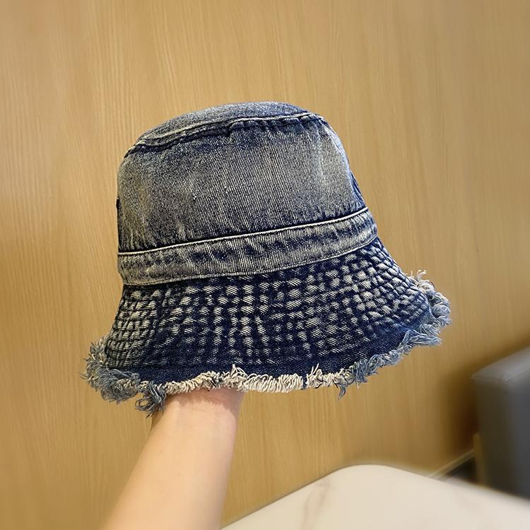 

Bucket hat women spring and autumn tide rough edge washed old denim basin hat retro casual hat women foldable adult average size