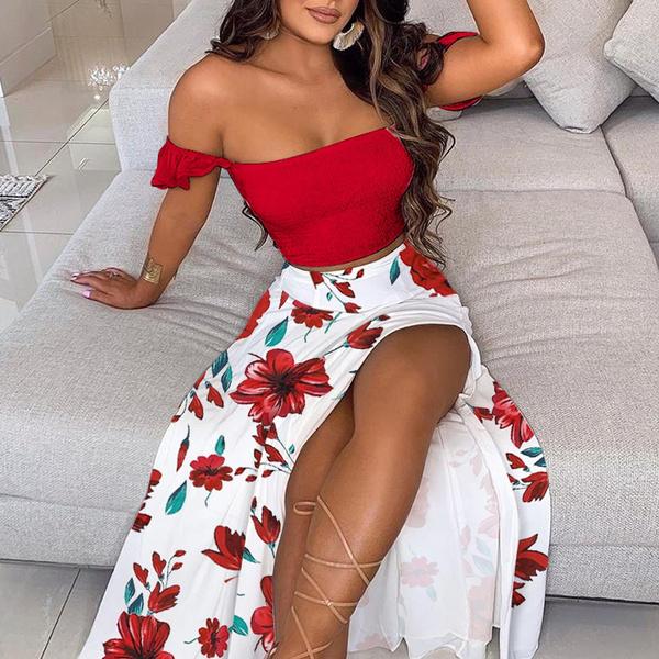 Summer Women Two Pieces Sets Fashion Elegant Off Shoulder Cropped Top & Split Mini Skirt Suit