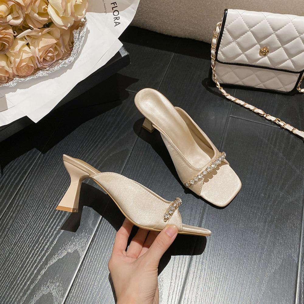 Women's Summer Open Toe High Heel Sandals with Rhinestones Outside Wearing Elegant Heels Square Head Sandals Slippers