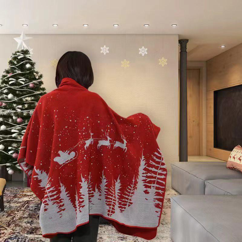 Womens Faux Cashmere Knit Cape Shawl With Slit Opening Ethnic Geometric Winter Wrap Scarf