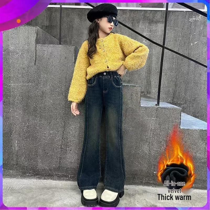 Girls' Plus Velvet Flared Pants - Stylish Slim Fit Autumn/Winter Jeans for Older Children and Students