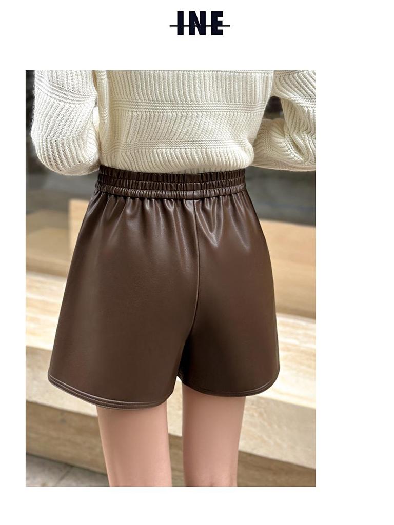 Черные шорты А-силуэта из искусственной кожи с высокой талией для женщин - Осенне-зимний стиль