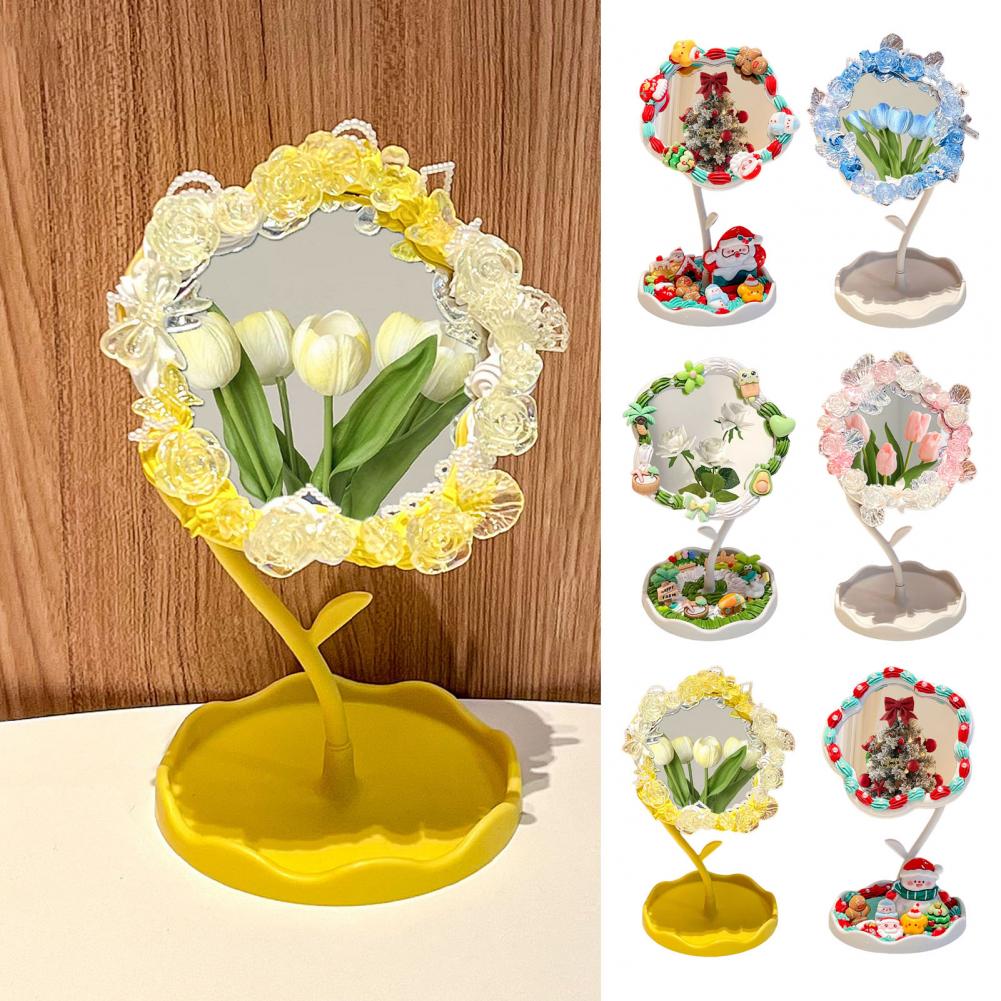 Table Mirror with Base Desk Mirror with Storage Tray Rotatable Vanity Mirror with Storage Tray Handmade Flower Design Organizer