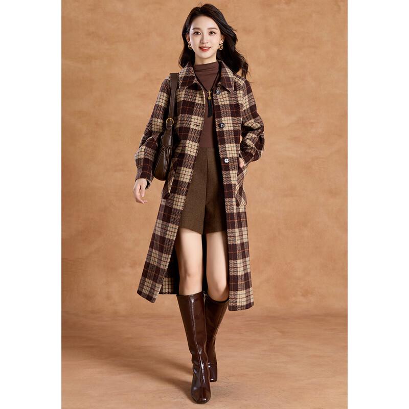 Women's Elegant Vintage Plaid Wool Blend Mid-Length Coat