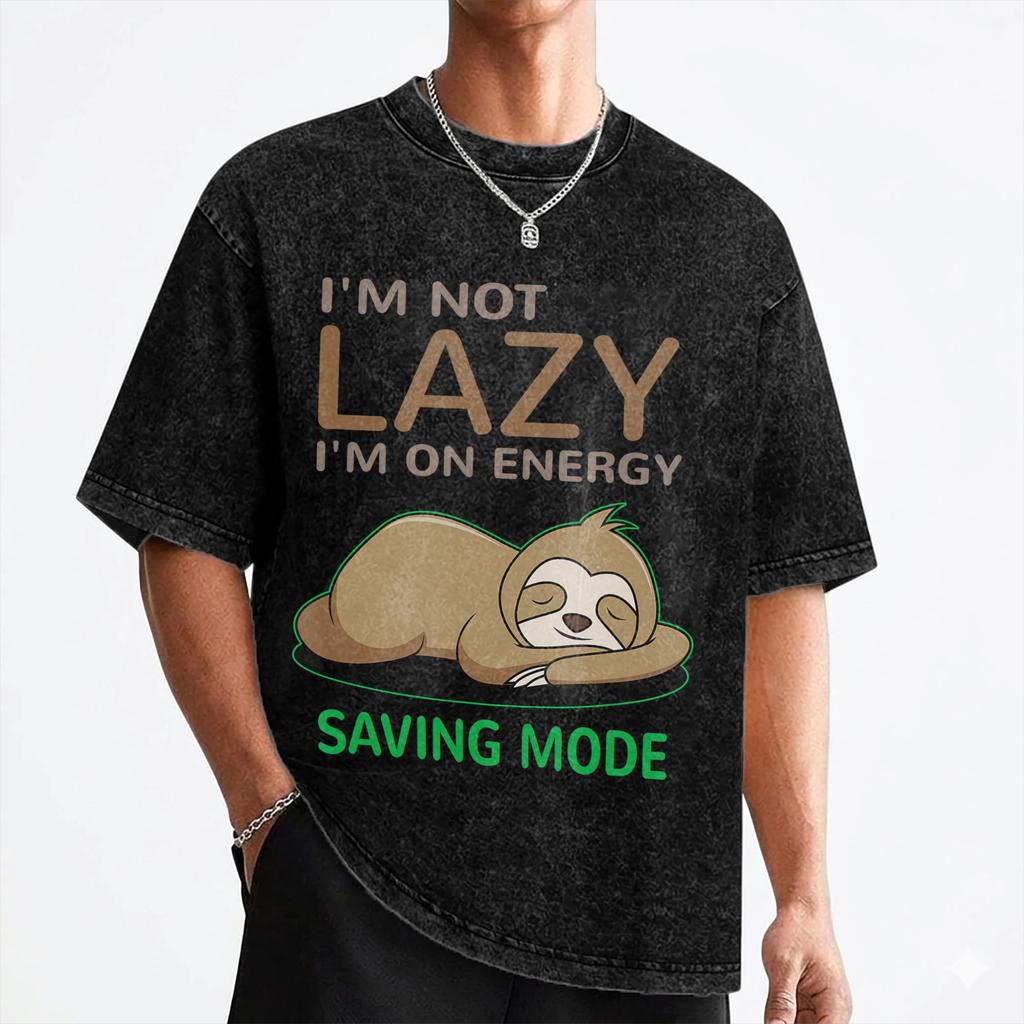 Im Not Lazy Im On Energy Saving Mode Funny Sloth T Shirt Washed Short Sleeve TShirt Men Women Streetwear Summer Tee Shirt