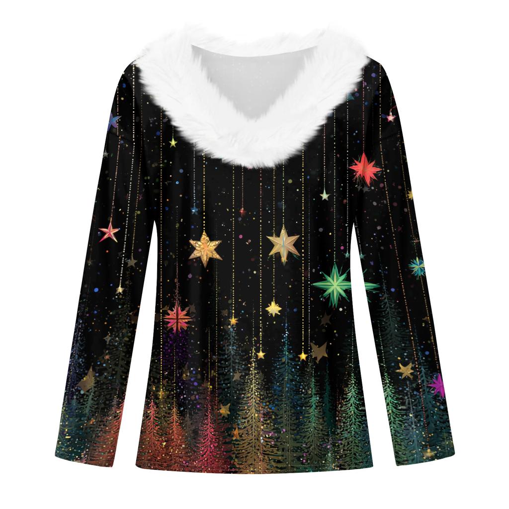 Women's Fashion Casual Long Sleeve Christmas Printed Plush Collar V-Neck Top