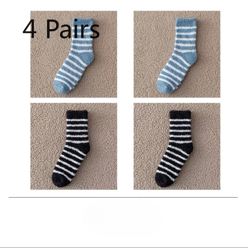 4 Pairs of Winter Coral Fleece Sleeping Floor Socks for Warm Feet and Home Men, Thickened, Warm and Cold-proof Mid-calf Striped