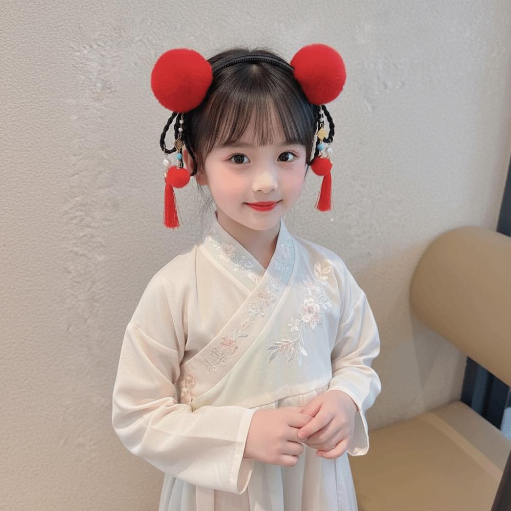 Tassel Children Wig Headband Flower Ancient Style Red Hairband Lovely Hanfu Headwear Daily