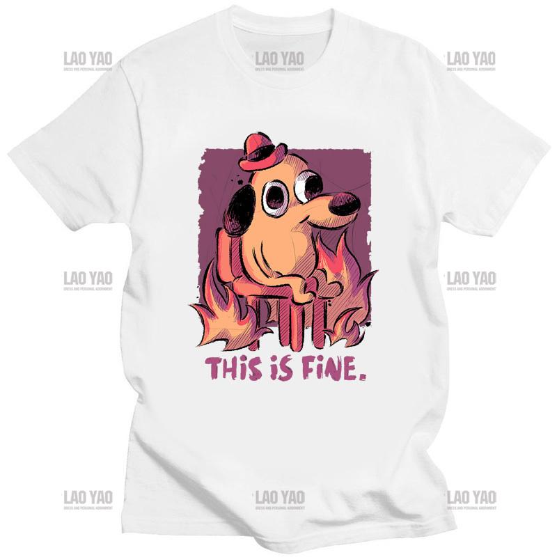 Men Casual T Shirt This Is Fine Meme TShirt for Men Crew Neck Fashion Tops Kawaii Dog Graphic Tees Oversized T Shirt Shirts