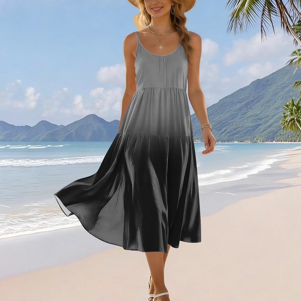 Damen Sommer Mode Bedrucktes Tasche Verstellbarer Schultergurt Bohemian Freizeit Strand Resort Trägerkleid