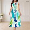 Women Plus Size Round Neck Triple Keyhole Sleeveless Printed Long Maxi Dress