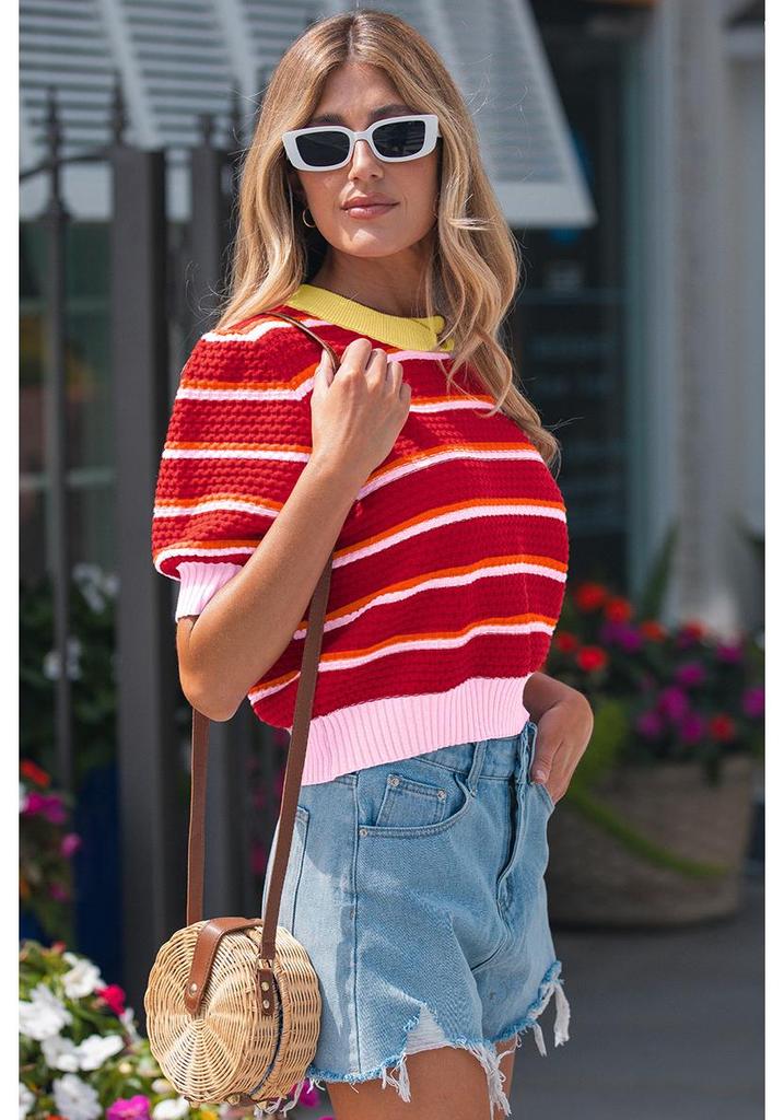 Women's Casual Striped Patchwork Short Sleeve Round Neck Sweater
