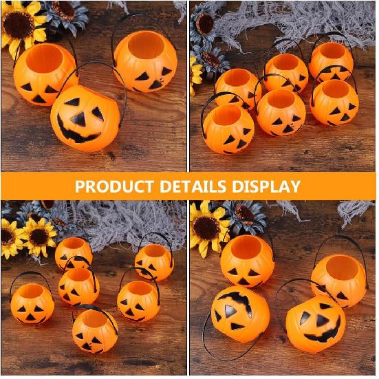 Vaguelly 15Pcs Halloween Pumpkin Bucket Trick or Treat Pumpkin Bucket with Handle Small Candy Holder Plastic Orange Jack O Lantern Candy Basket Bags
