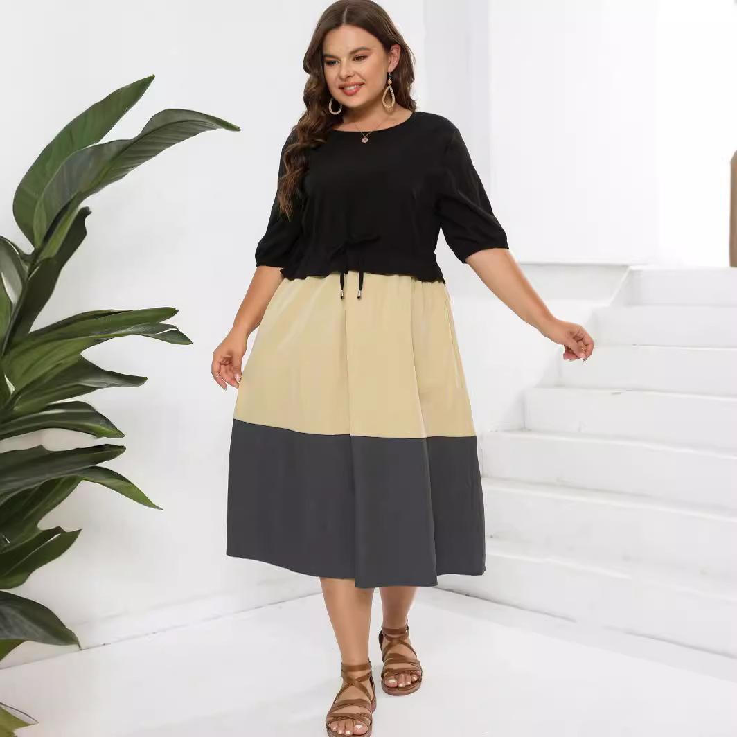 

Платье большого размера, женская одежда больших размеров, с круглым вырезом и короткими рукавами, в тон, облегающее платье из двух частей