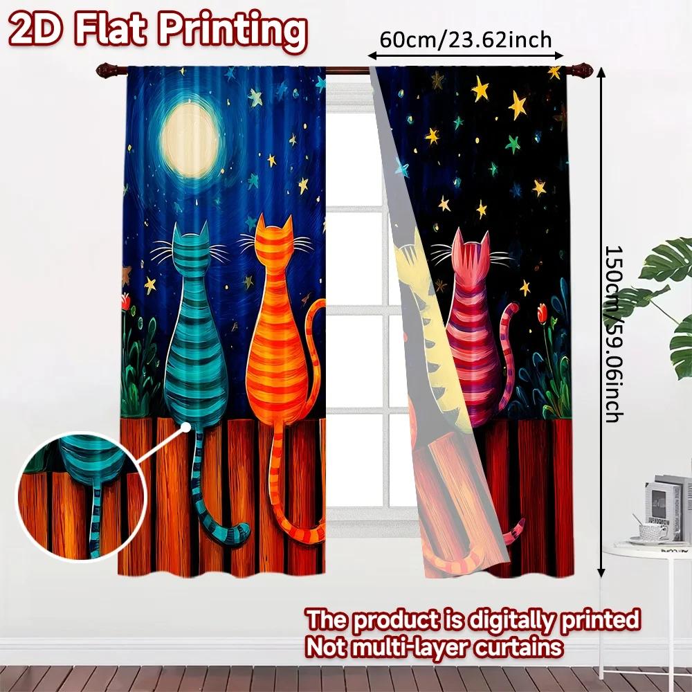 Flat Printing Window Drapes Colorful Cats Under Moon Digital Printed Polyester Holiday Decorations Use Indoor Curtains Set Of 2 Made