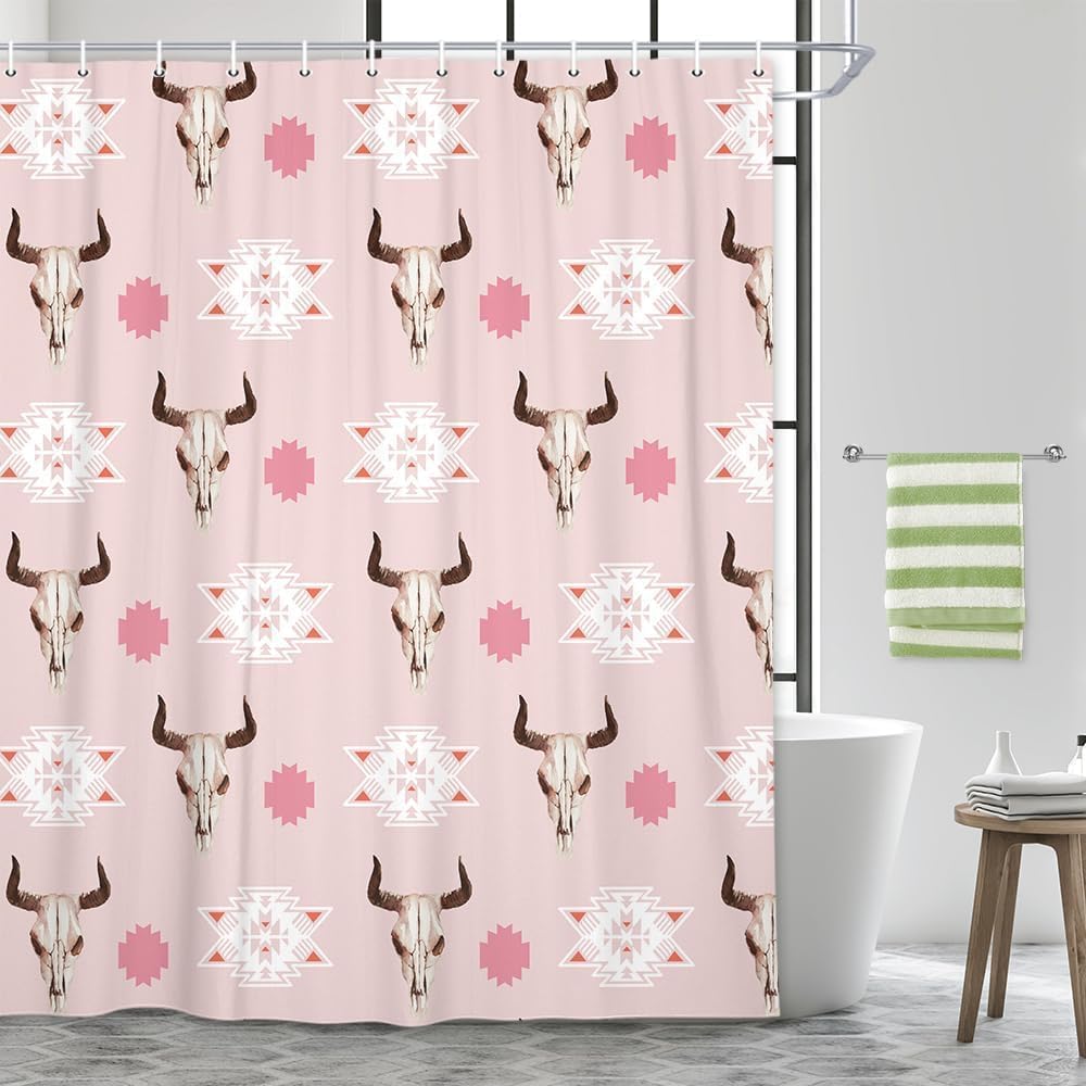 Western Bohemian Shower Curtain Tribal Bull Skull Geometric Beige Bathroom Decorative Shower Curtain with Hook