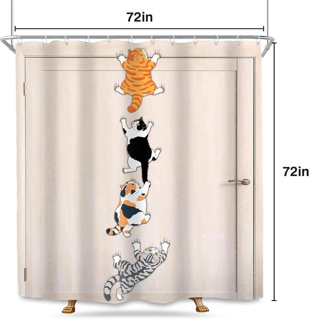 Zasłona Prysznicowa dla Kota Dzieci Śmieszny Słodki Uroczy Kreskówkowy Kociak Zwierzę Domowe Wspinające się na Drzwi Urzekający Nowoczesny 12 Haczyków Poliester