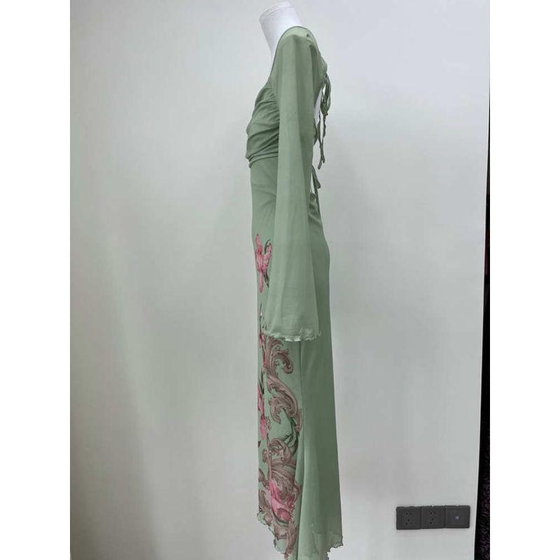 2025 Summer New C * Der Original Order Green Flower-De-Luce Backless Yarn Temperament Waist Hugging Dress