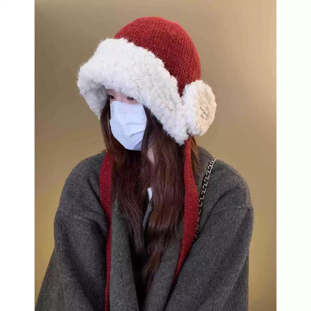Autumn and winter plush thickened red ear protectors wool hat women's big head circumference warm knitted hat strapped Lei Feng hat tide
