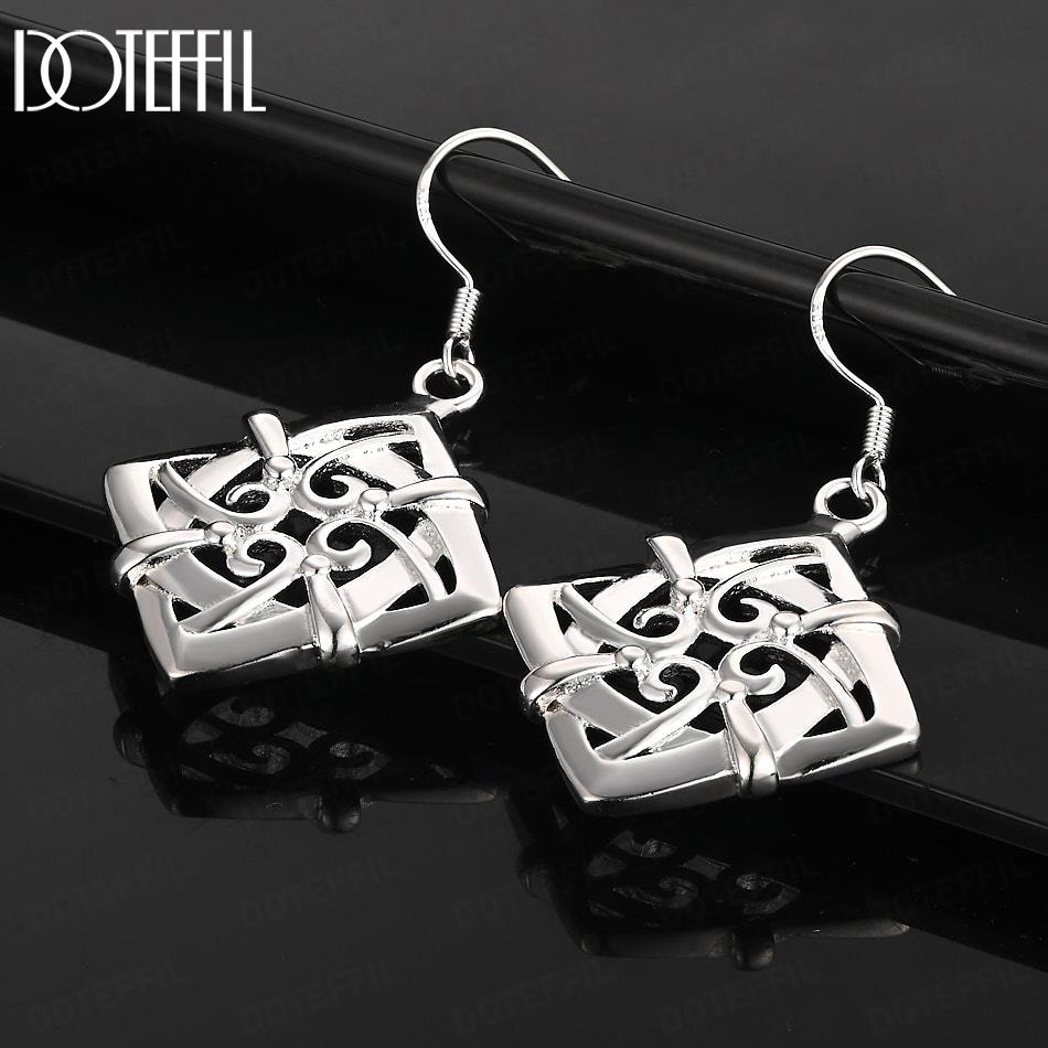 925 Sterling Silver Square Geometric Pendant Piercing Earrings Fashion Wedding Jewelry