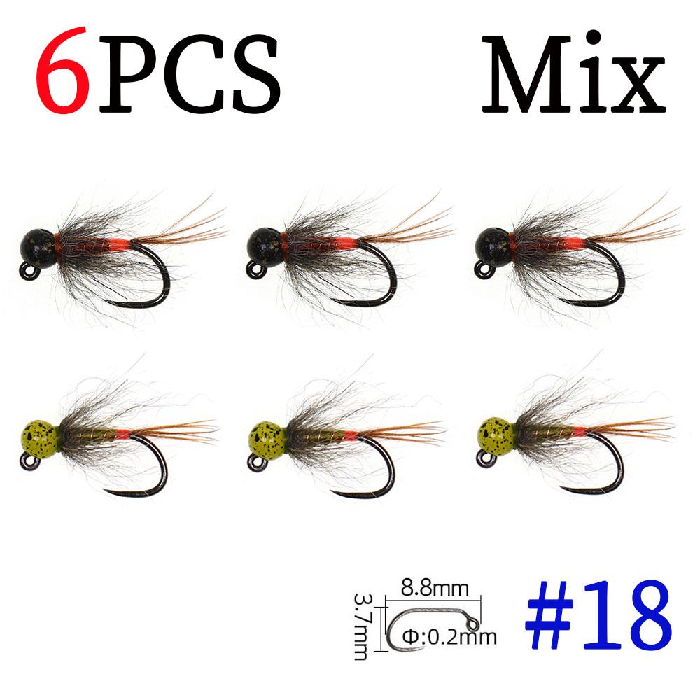 6PCS Jig Tungsten Bead Head Nymph Euro Nymph Fast Sinking Barbless Hook Fly Fishing For Trout Grayling Panfish Insect Baits Lure