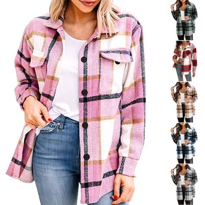 Ladies Long Sleeve Pocket Ladies Coat Top Casual Plaid Shirt