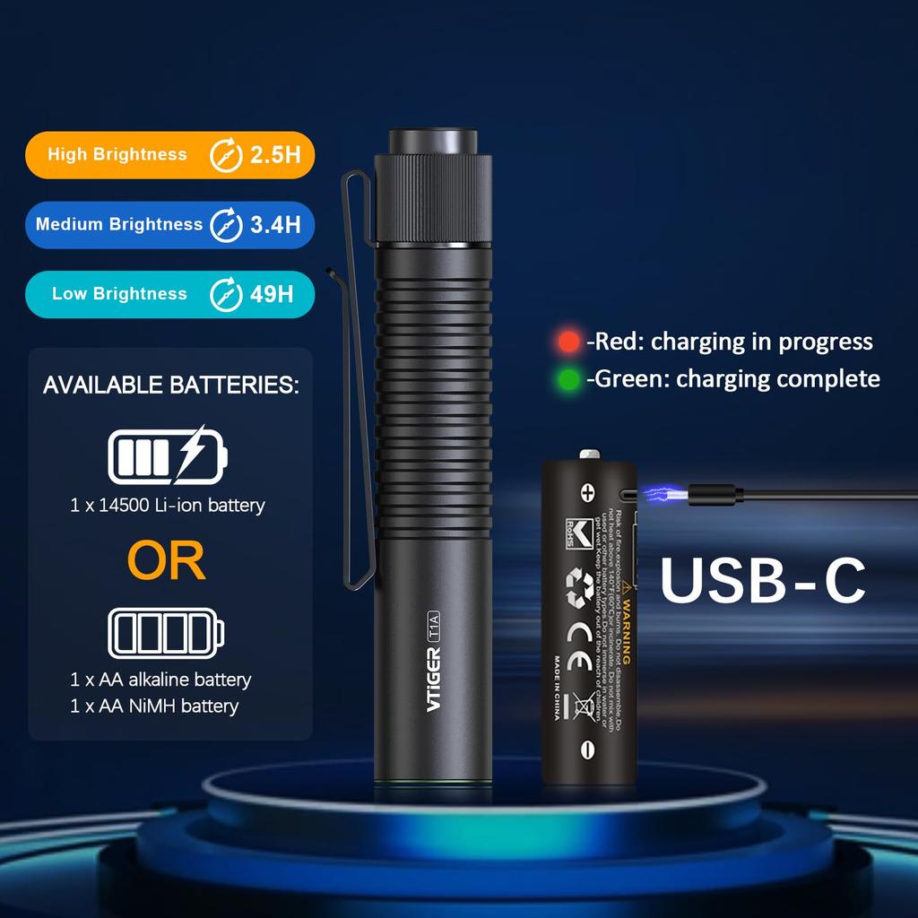 VTIGER T1A Compact Mini Pocket Flashlight with 1300 Compact AA Rechargeable Lightweight Flashlight with Super Bright Tail Switch and Magnetic Ideal