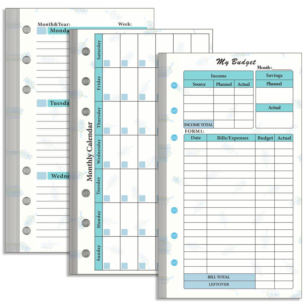 A6 Loose Leaf Náplň do notebooku Spirálová pořadač Vnitřní strana Stránka rozpočtu Týdně Měsíčně Uvnitř papírnictví