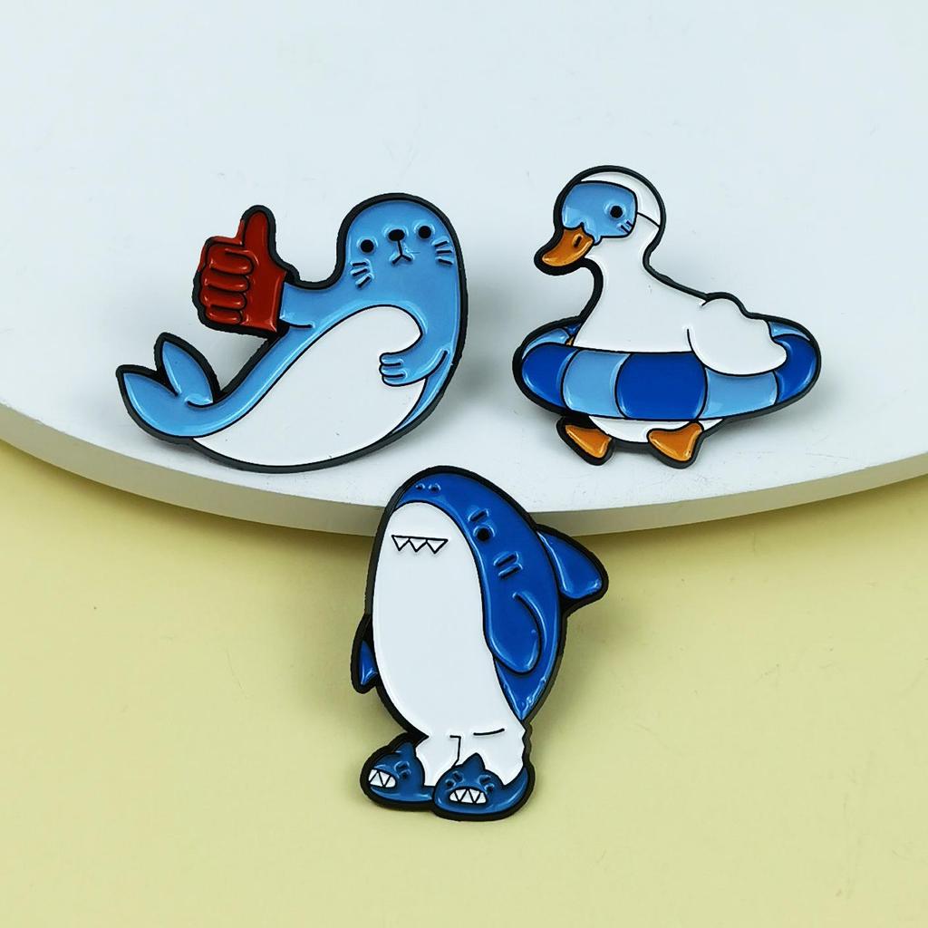 Creative Cartoon Duck Brooch with Shark Swim Ring and Slippers – Unique Animal Style Urban Accessory