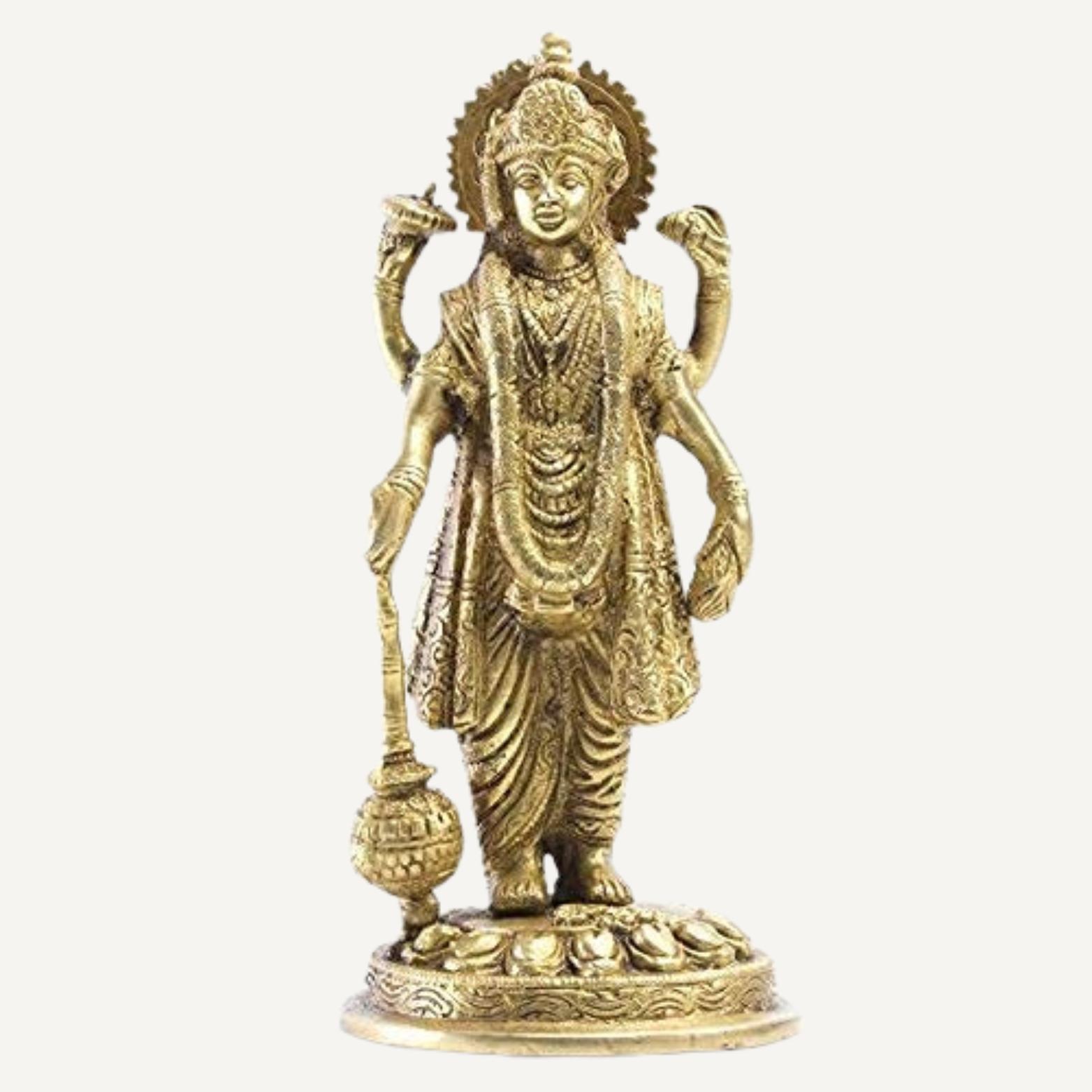 Ashtadhatu Made Shri Narayan Standing On Round Base Brass Idol, 8 Metals, Golden