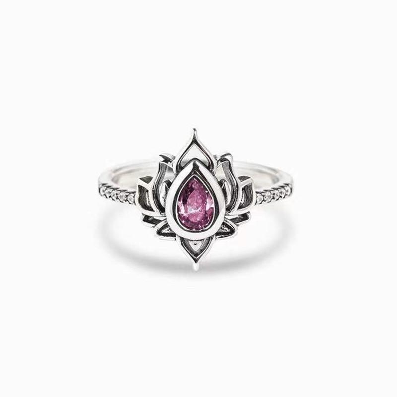 Vintage Distressed Flame Lotus Waterdrop Ring With Cubic Zirconia Stones Elegant Floral Design Jewelry For Women