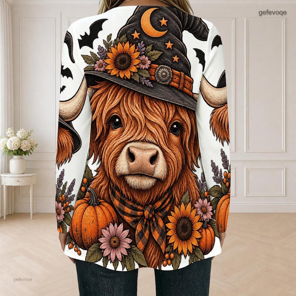 Women Plus Size Square Neck Long Sleeve Faux Two Piece Printed T Shirt Halloween Teddy Bear Pumpkin White